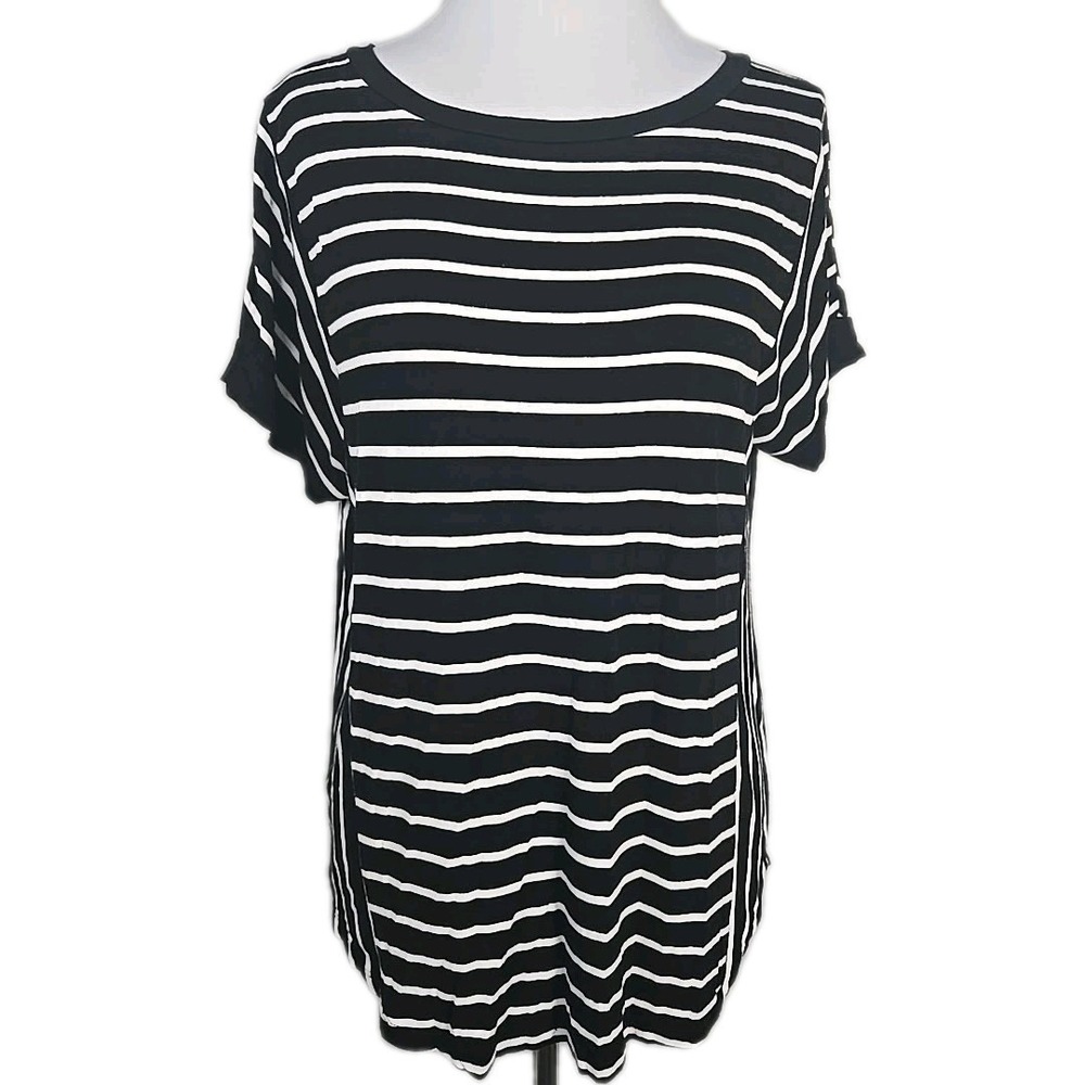 Cable & Gauge Black White Striped Round Neck Button Detail T-shirt Top Medium M